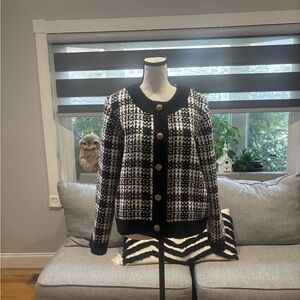 Zara Black & White Plaid Knit Button-Front Cardigan